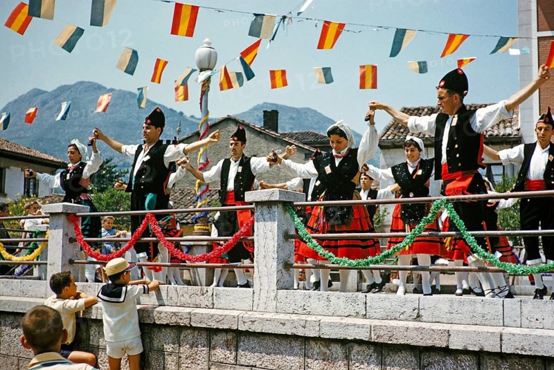 Traditional Asturian folk dance group from Gijon performing in a village, Asturias, northern Spain 1959