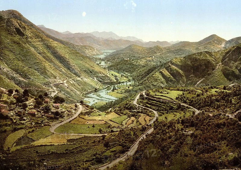 General view, Valley of Rieka, Montenegro, View from 1885, Historical, digitally restored reproduction from a 19th century original, Record date not stated