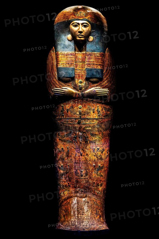 Painted and gilded cedarwood coffin lid of the painting of Piinudjem II, Princess Neschons from the exhibition: Ramses the Great and the Gold of the Pharaohs, Cologne, North Rhine-Westphalia, Germany