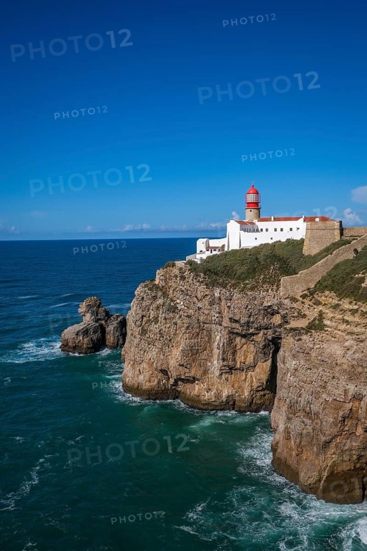Sagres, Algarve, Portugal - Lighthouse at the Cap de Sao Vicente. Historical sight. Rocky headland with a lighthouse, considered the most south-westerly point in Portugal