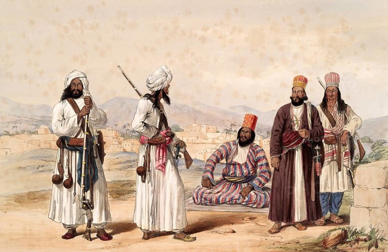 Dadur, Hajee Ebrehim, commander of the Bolan Rangers, and men of the Brahoee tribe, Afghanistan, after an illustration from 1838 by James Atkinson (1780-1852), Illustration, Reproduction from a 19th century original. Authentic, file restored for optimal use, exact date of original unknown, Historical, Group of men in rural setting, dressed in traditional traditional costume and armed