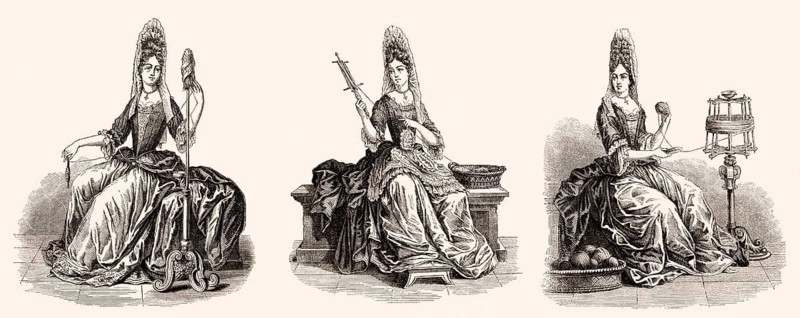 Spinnerinnen in französischen Kostümen des 18. Jahrhunderts