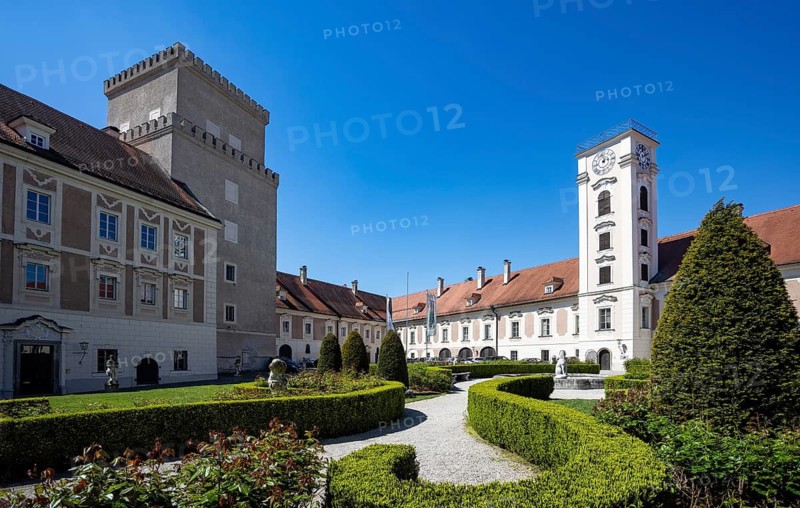 Roman tower and clock tower, Lamberg Castle, Steyr, Traunviertel, Upper Austria, Austria
