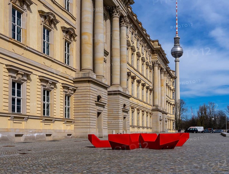Red plastic seating elements, Humboldt Forum, Berlin, Germany