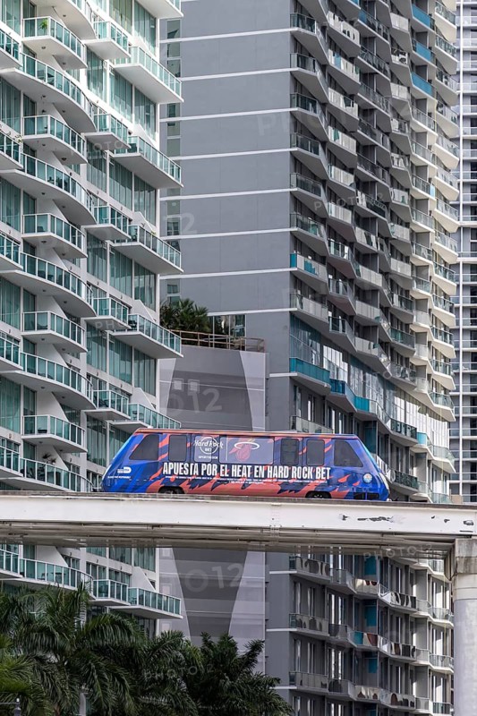 Miami Metromover People Mover train in the Brickell district of Miami, USA
