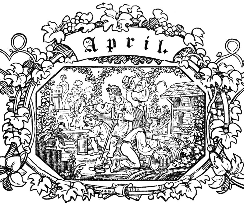Month of April, preparations in the garden, watering and caring for flowers, digging up the soil, repairing beehives for the apiary, vine ornamentation, woodcut illustration, Swiss calendar for 1848