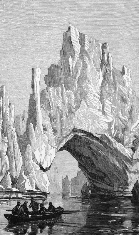 Glacier gate in the iceberg of the Greenland Sea, northern Arctic Ocean, rowing boat with visitors, polar region, danger, climate change, travelling, Greenland, historical illustration 18888