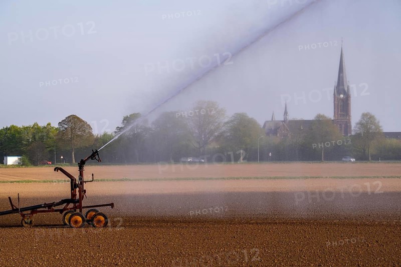 Artificial irrigation of a field, freshly sown, in April, with a sprinkler system, long drought in spring makes this necessary so that the young plants grow well, near Kerken, the church of St Peter and Paul in Aldekerk, Lower Rhine, North Rhine-Westphalia, Germany
