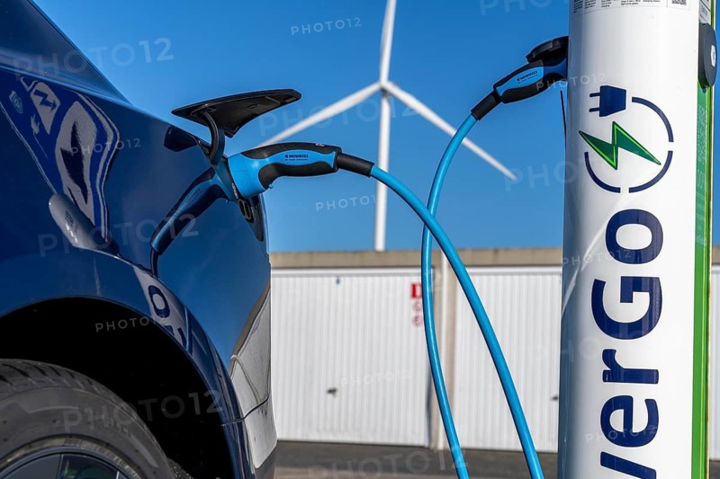 Electric car fast charging station, from the Dutch provider PowerGo, in the ferry harbour of Eemshaven, powered by renewable energy, Netherlands