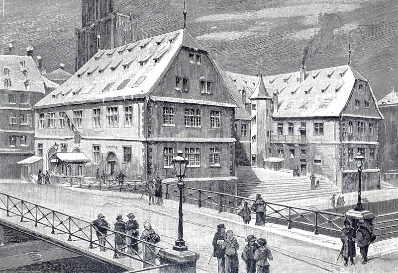 Große Metzig an der Ill next to the Old Customs, Strasbourg, 1880, France, illustration, reproduction from a model from the 19th century. Authentic, file restored for optimal use, exact date of submission unknown, historical