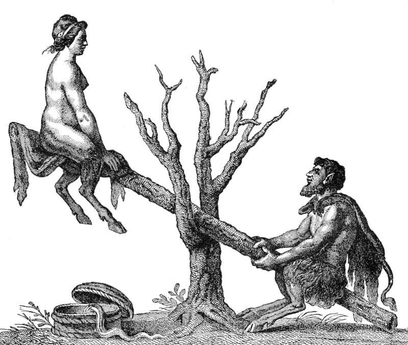 Caricature of Adam and Eve on a seesaw as devils