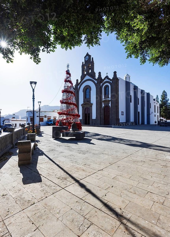 Christmas tree in front of the church in Santa Lucía de Tirajana, Gran Canaria, Canary Islands, Spain