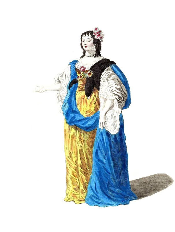 Historical clothing, fashion over time, traditional costume of a noble woman from England around 1640, digitally restored reproduction of a model from the 18th/19th century, exact date unknown, woman in yellow dress with blue sash and floral decoration, elegant and festive