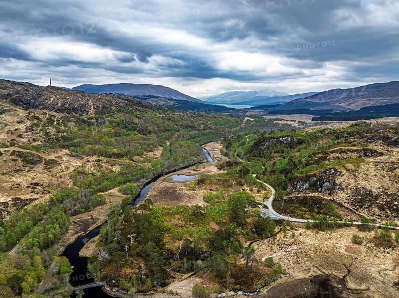 Callop River and Marshes from a drone, Loch Shiel, Glenfinnan, West Highland, Scotland, United Kingdom