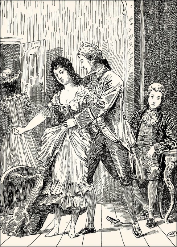 Serlo, Philine and Wilhelm, scene from the novel Wilhelm Meister's Apprenticeship, Wilhelm Meisters Lehrjahre, by Johann Wolfgang von Goethe
