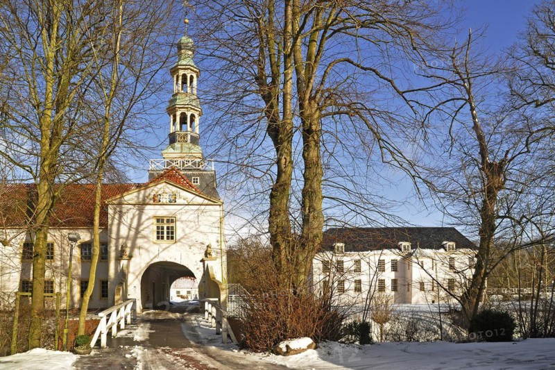 The moated castle in Dornum in winter, East Frisia, Lower Saxony, Federal Republic of Germany