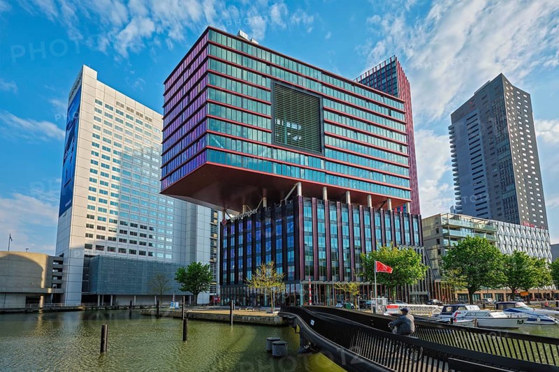 Rotterdam, Netherlands, May 11, 2017: View of Rotterdam sityscape with modern architecture Havensteder building and other skyscrapers. Wijnhaven, Rotterdam, the Netherlands