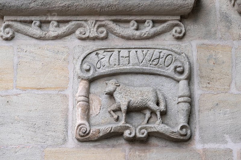 Relief of a lamb from 1780 at a former inn, Spitalstrasse, Lauf an der Pegnitz, Middle Franconia, Bavaria, Germany