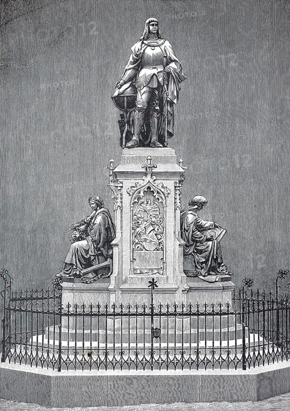 The Martin Behaim Memorial in Nuremberg on Theresienplatz, 1896, Bavaria, Germany, illustration, reproduction from a model from the 19th century. Authentic, file restored for optimal use, exact date of submission unknown, historical