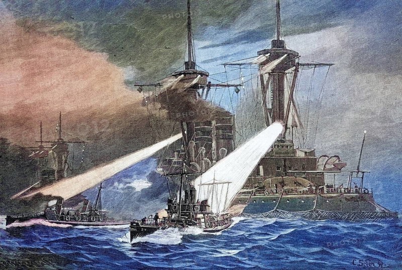 Torpedo attack of the navy, coloured wood engraving, reproduction of a model from ca 1888, historical, sea battle at night with warships and cannon shots on rough sea