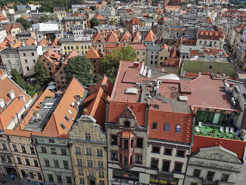 Bird's eye view of Torun's old town with red roofs and historic architecture, Poland