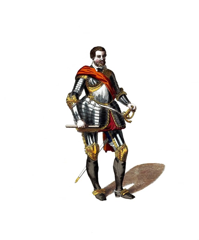Historical clothing, fashion over time, Armand-Louis de Gontaut, duc de Biron, until 1788 duc de Lauzun (13 April 1747, 31 December 1793) was a French general, digitally restored reproduction of a model from the 18th/19th century, exact date unknown, man in shining knight's armour with sword, red cloth, historical battle gear