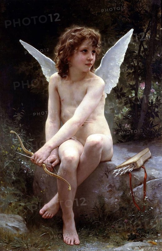 Painting with the title Liebe auf der Lauer. Dated 1884, unknown artist, digitally enhanced reproduction of a 19th century original, historical