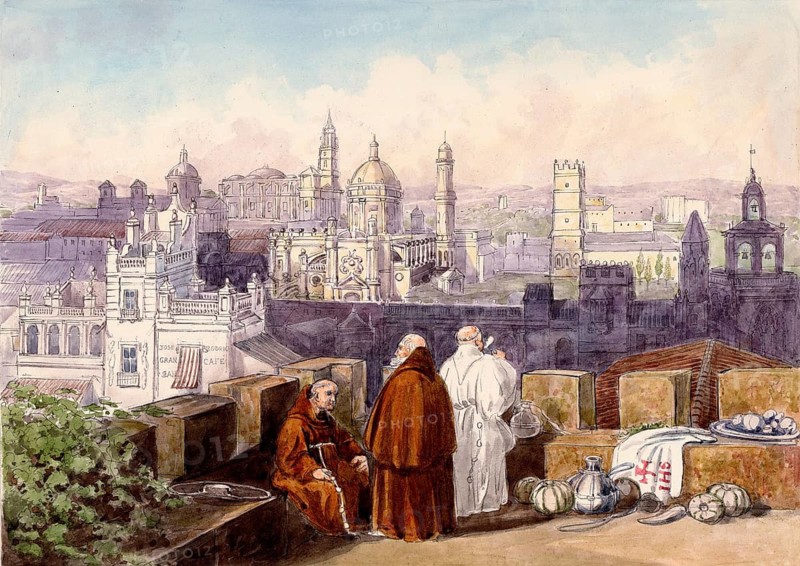 Jerez de la Frontera, Xeres, View from the city wall to the old town, Andalusia, Spain, digital reproduction of a painting by Charles Hamilton Smith (1776-1859), historical