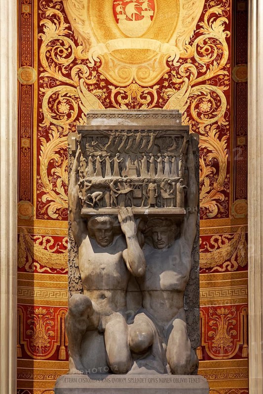 Two kneeling atlas figures, giants, in the Pantheon, monument to the forgotten artists, National Hall of Fame, Latin Quarter, Paris, France