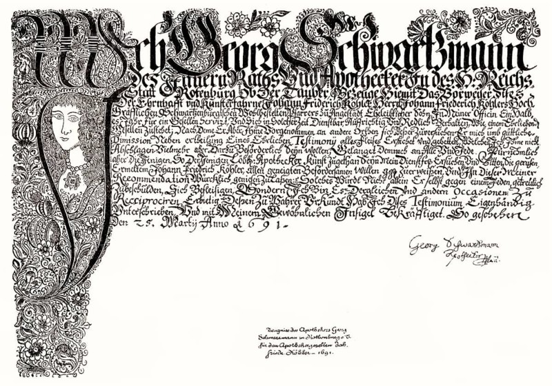 Pharmacy certificate, Rothenburg ob der Tauber, Germany, 1691
