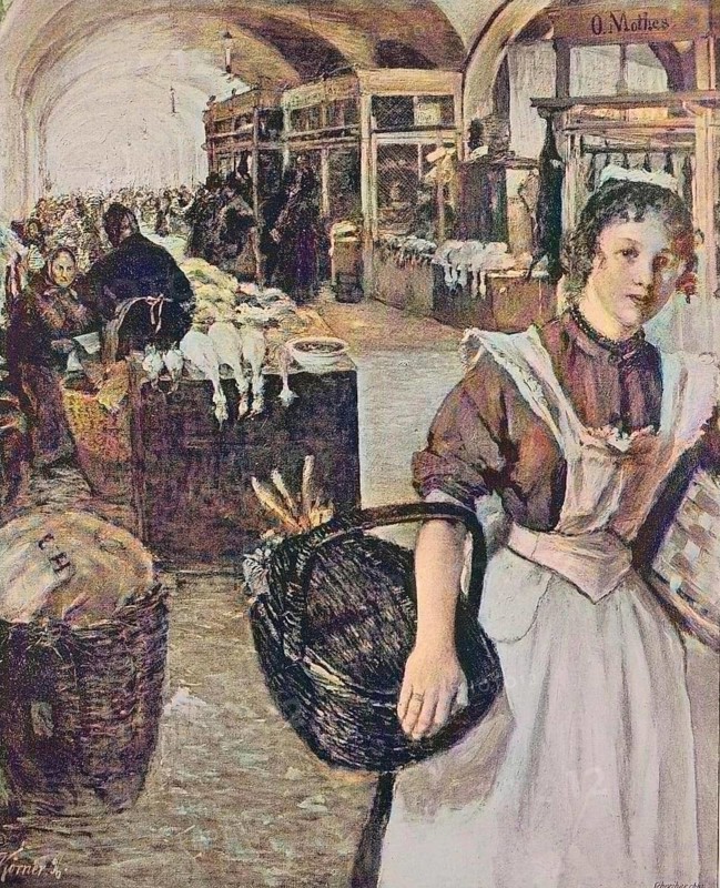 Woman Shopping in the Market Hall in Dresden, Germany, Historic, digitally restored reproduction of a 19th century original