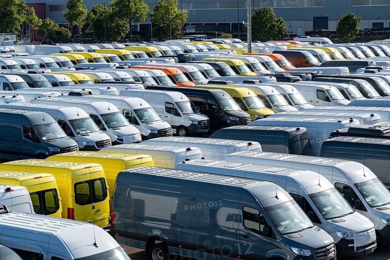 Car terminal in the inland port Logport I, in Duisburg on the Rhine, vehicle handling of new cars, vans, Mercedes-Benz Sprinter, storage space, North Rhine-Westphalia, Germany