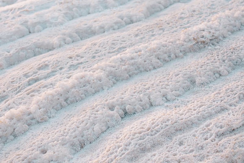 Close-up of the natural salt formations on the shores of the Dead Sea in Jordan, highlighting intricate textures and patterns