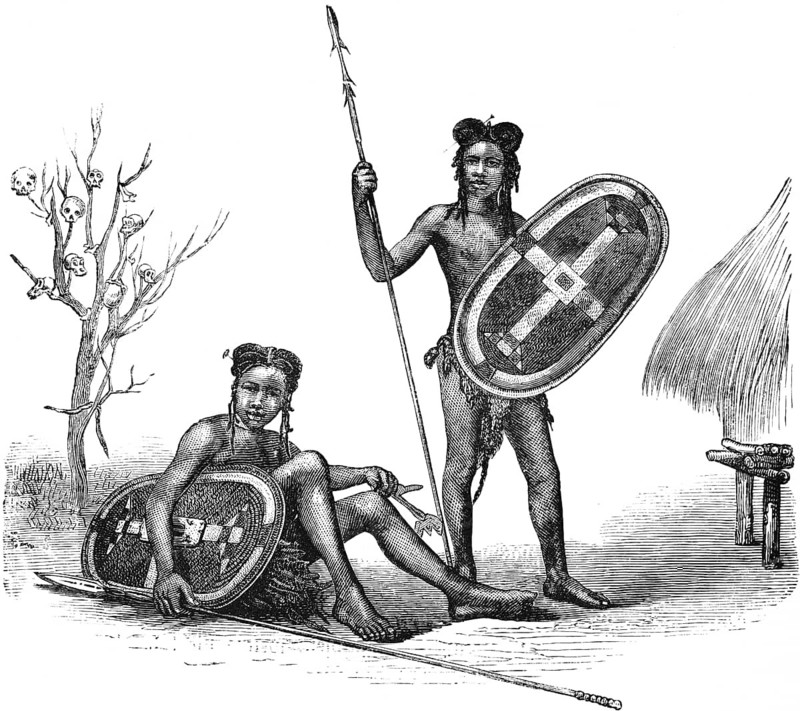 Azande or Zaude, called Niam-Niam in the 18th and 19th centuries, here two young warriors with shield and spear, skulls hanging in the tree, an ethnic group in the north of Central Africa, thatched hut, South Sudan, portrait, colonial period, historical illustration 1886
