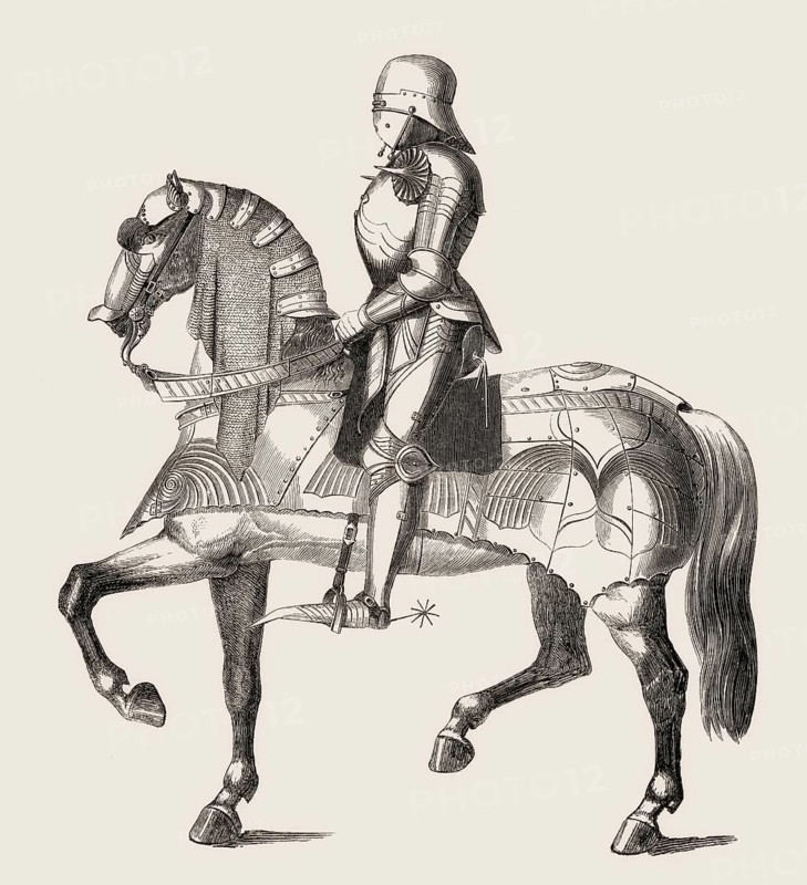 A medieval knight riding a horse, suit of armour, 15th-century