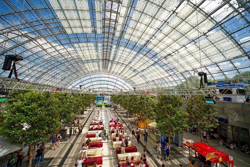 New Leipzig Trade Fair Centre, Leipzig Trade Fair, with glass entrance hall, interior view, trade fair complex, trade fair grounds, glass dome, event, trade, exhibition, Leipzig, Saxony, Germany