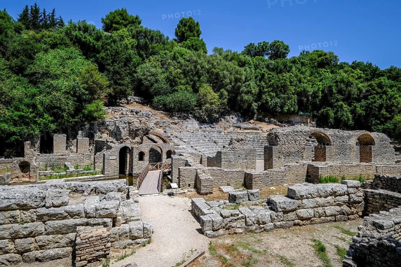 Butrint, Ksamil, Albania, The amphitheatre in ancient Butrint, Temple of Asclepius and theatre, World Heritage Site ruined city of Butrint
