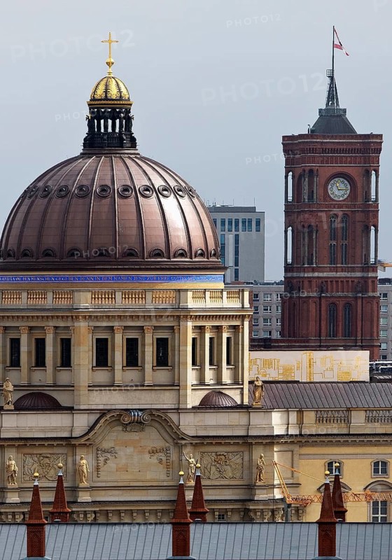 Humboldt Forum and Rotes Rathaus above the rooftops of the city, Berlin, Germany