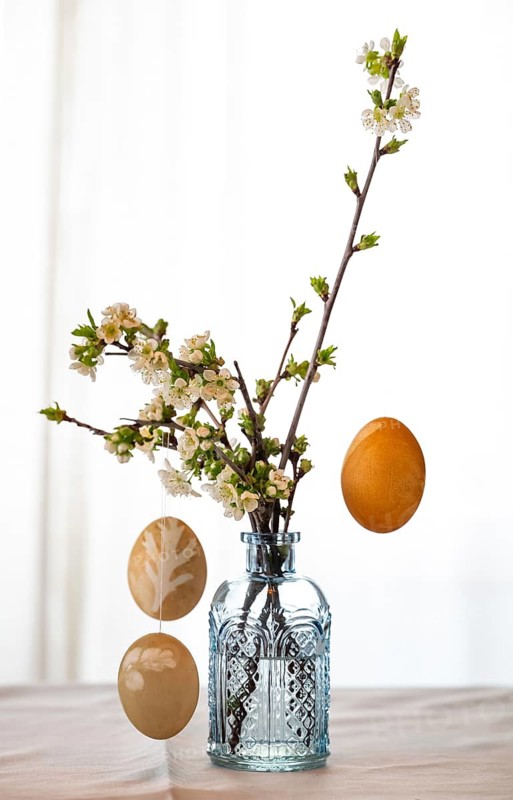 Blown out Easter eggs hang from blossoming branches that stand in a light blue vase against a light background