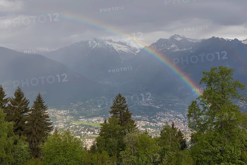 Church St. Kathrein, 39010 Hafling, Italy with a rainbow in the background