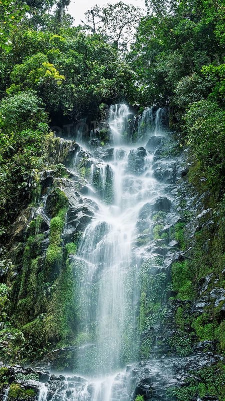 A breathtaking waterfall with vibrant, cascading waters over jagged rocks surrounded by lush greenery, shrouded in a fine, ethereal mist, offering a serene and rejuvenating atmosphere