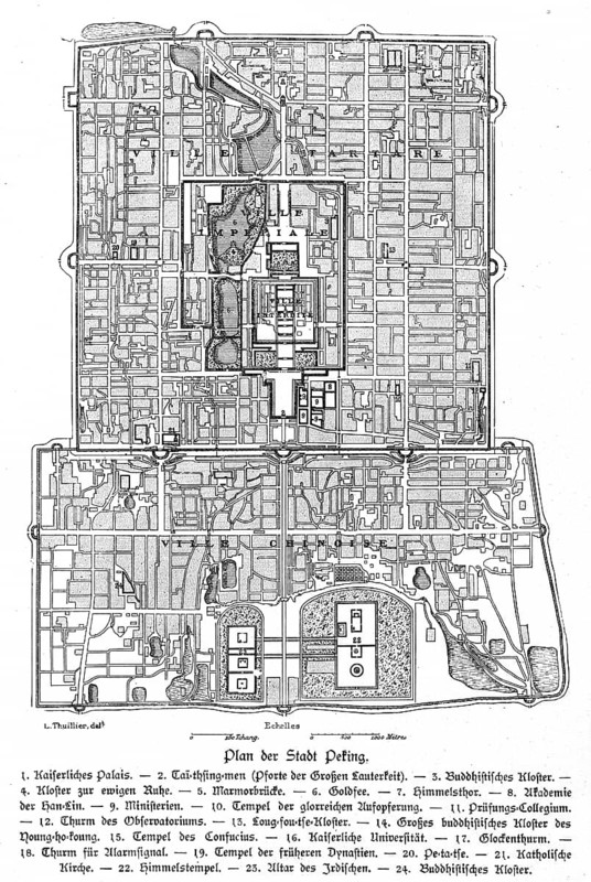 City map, Imperial Palace, Monastery, Gate of Heaven, Temple of Heaven, Observatory, Scale, Symmetry, Beijing, China, woodcut, historical illustration c. 1898