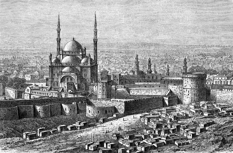 View from the Mokattam Hill towards Cairo in the direction of the Nile, on the city wall the citadel of Saladin, various minarets, Mokattam, Egypt, Africa, historical illustration 1882