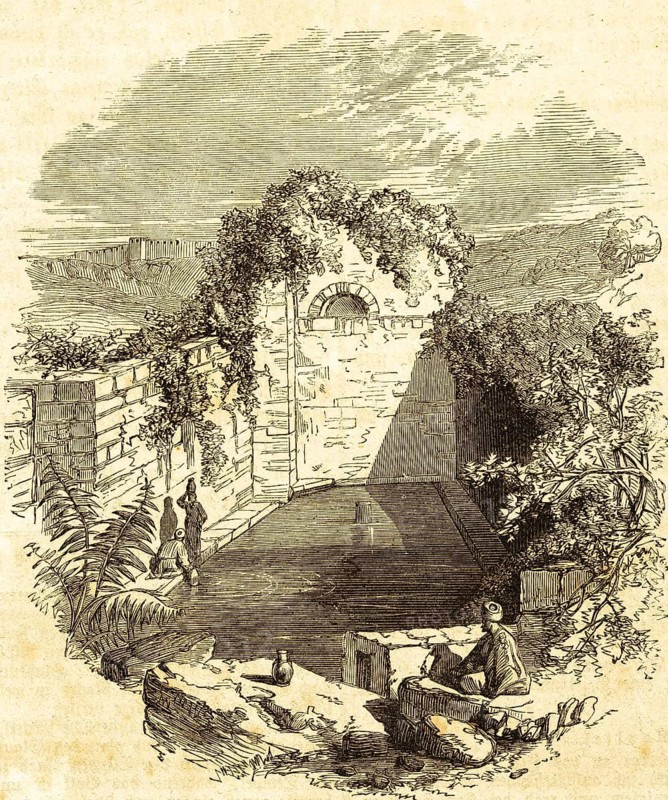 Go to the pool of Siloah and wash yourself, Jesus heals a blind man, chapter 9, verse 7, Gospel of John, New Testament, well Siloah, Selwan, healing, blindness, vision, faith, landscape, ruin, Bible, historical illustration 1850