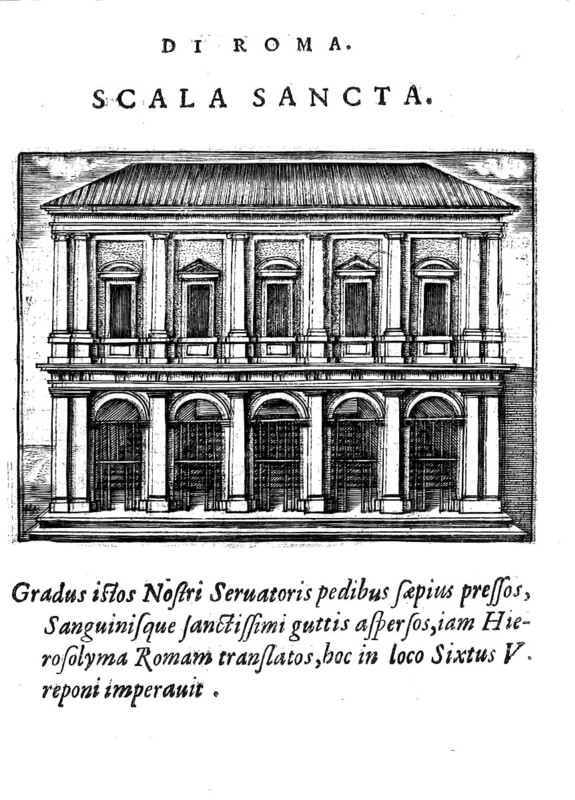 Scala Santa, Sancta Sanctorum is a Roman Catholic chapel entered via the Scala Sancta of the Lateran Palace in Rome, Italy, Historical, digitally enhanced reproduction from Grandezze della citta di Roma antiche et moderne by Jacomo Crulli de Marcucci, from 1630, Rome