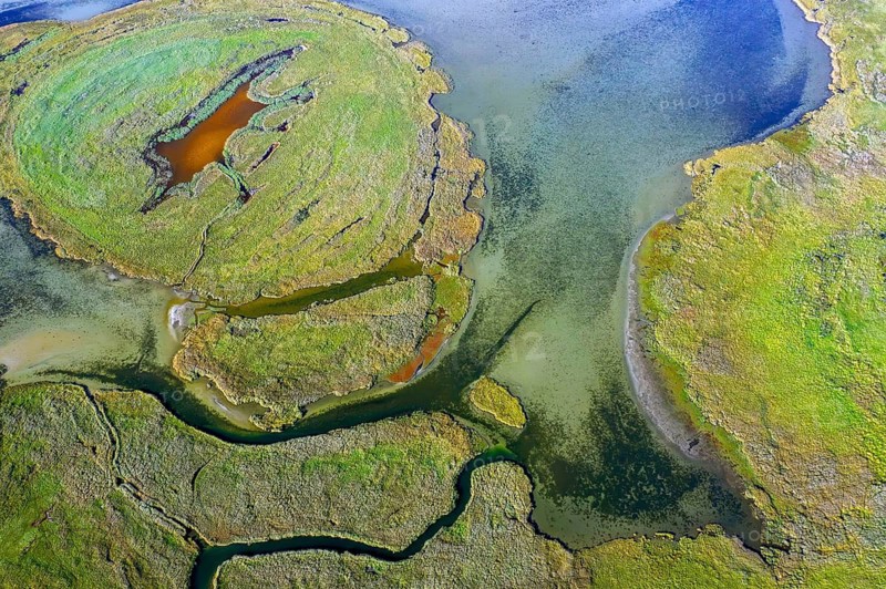 Aerial view over channels and salt marshes of the island group of Kleiner Werder, Kleine Werder in the Baltic Sea, Mecklenburg-Vorpommern, Germany