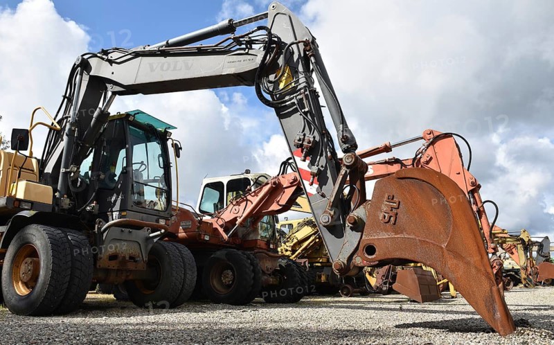 Wheeled excavator, excavator on a construction site, Denmark