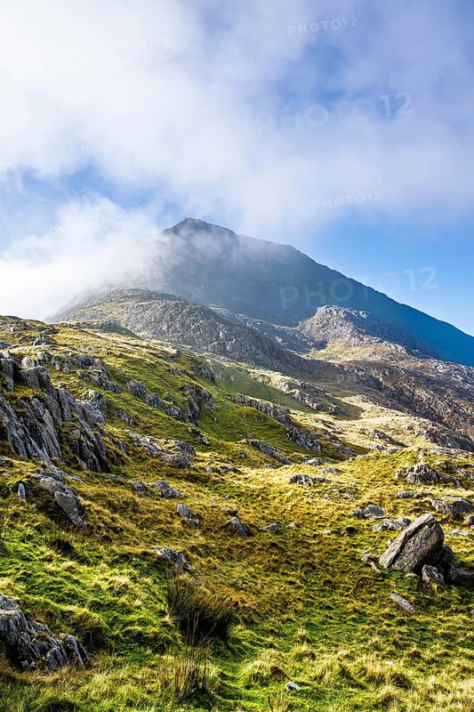Autumn colours of Pen-y-Pass over Miner's Track, Start Point and road A4086, Snowdonia, Wales, UK