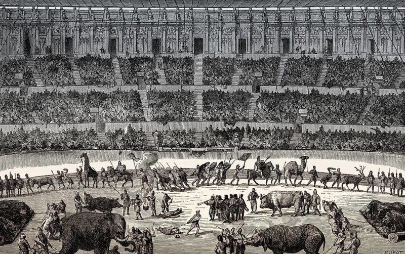 Gladiators fighting animals, reconstruction of the Amphitheatre of Pompeii, 1st century