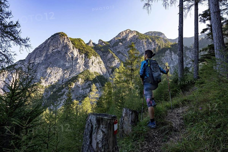 Hiker on the way to the Rinnkogel, Postalm, Osterhorn group, Salzkammergut, Salzburg province, Austria